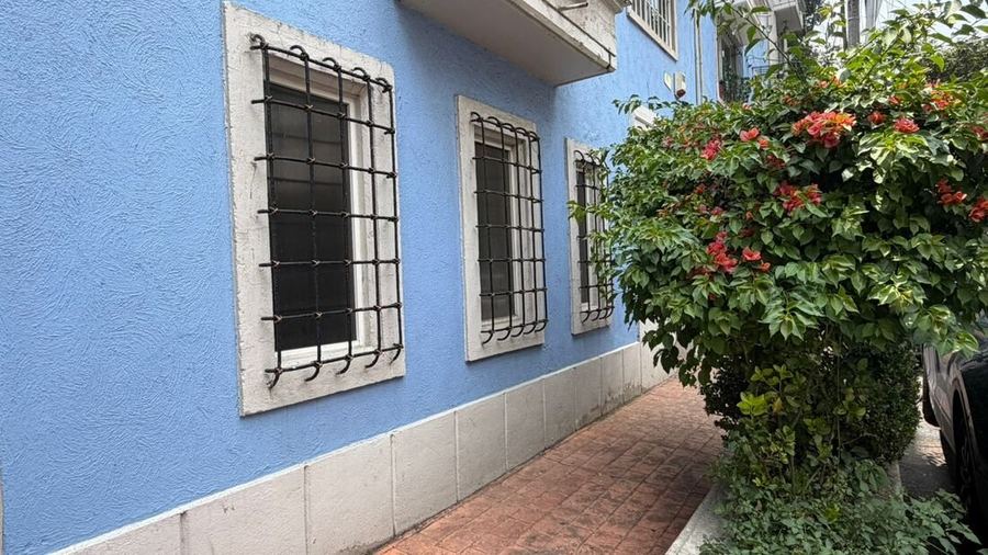 Edificio azul, balcones y buganvilias